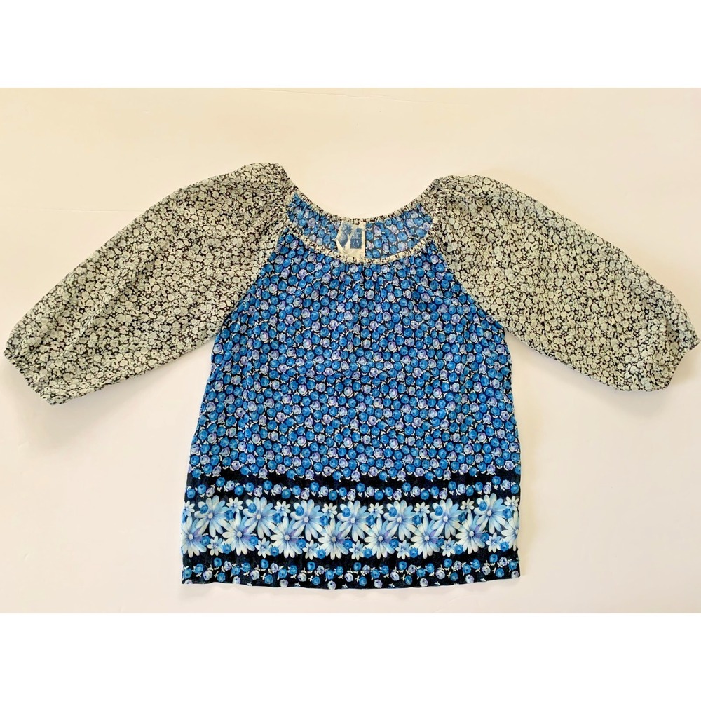 Anthropologie Edme & Esyllte Blue Floral Tunic Top Blouse sz‎ 2 0 XS Cotton Silk